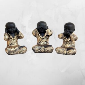 Handcrafted Set of 3 Baby Monk Figurines Polyresin, Gold & Black | Decorative Showpieces | Home Decor | Showpiece for Office Table Top